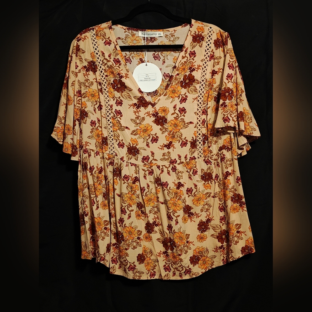 NWT Rustydustty Bohemian Babydoll Flutter Sleeve Blouse Orange 2XL